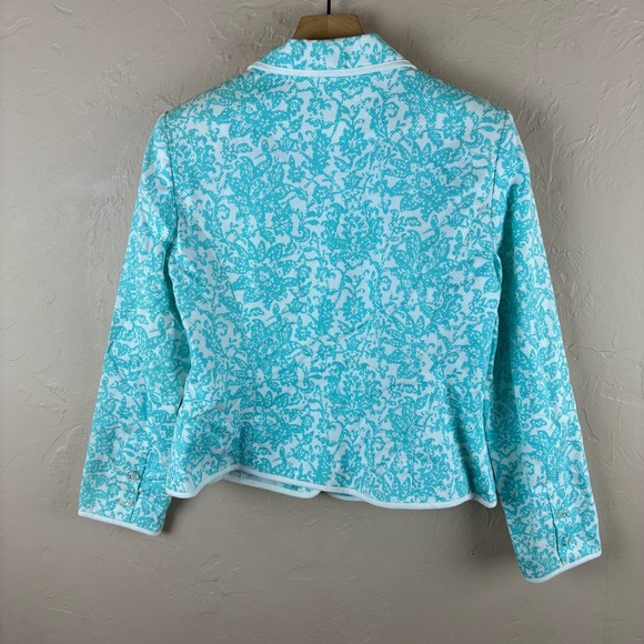 Oscar de la Renta Blue White Floral Blazer Jacket Old Money Women’s size 10P - Picture 6 of 13